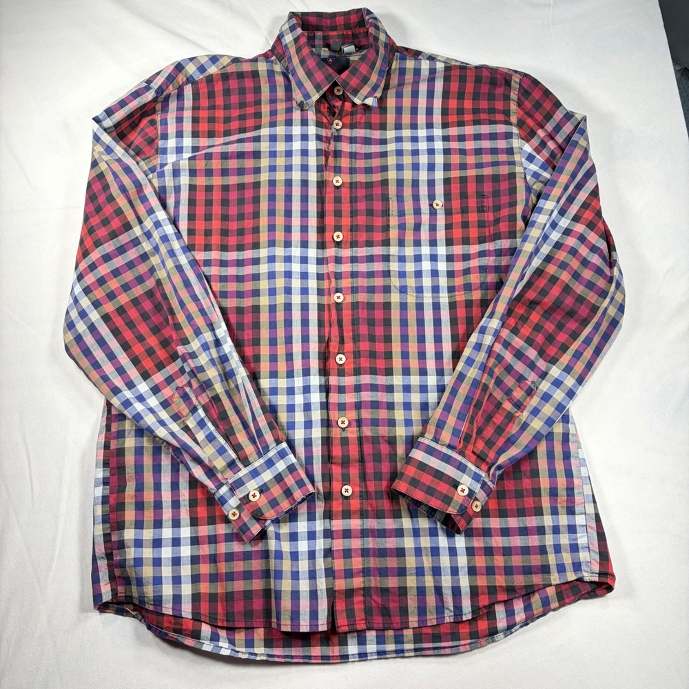 Haupt Mens Button Down Shirt L 16.5 Red Blue Gingham Plaid Long Sleeve Germany